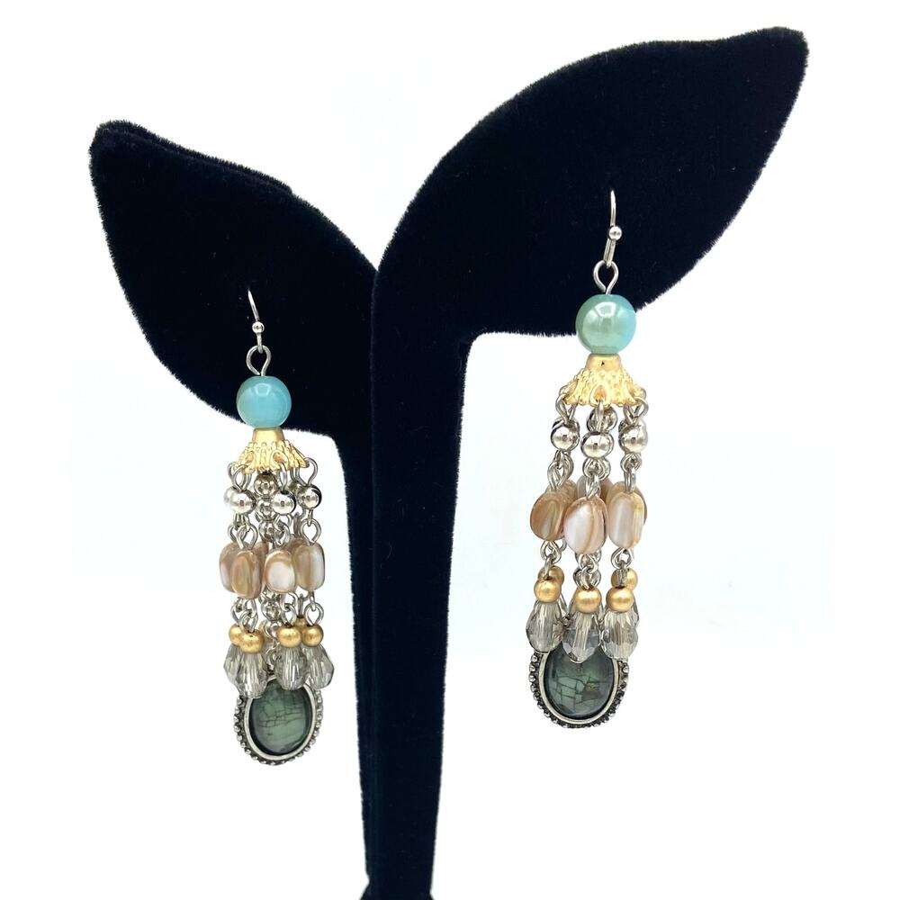 Mother of Pearl & Light Blue Beaded Chandelier Earrings - Statement Boho Coastal